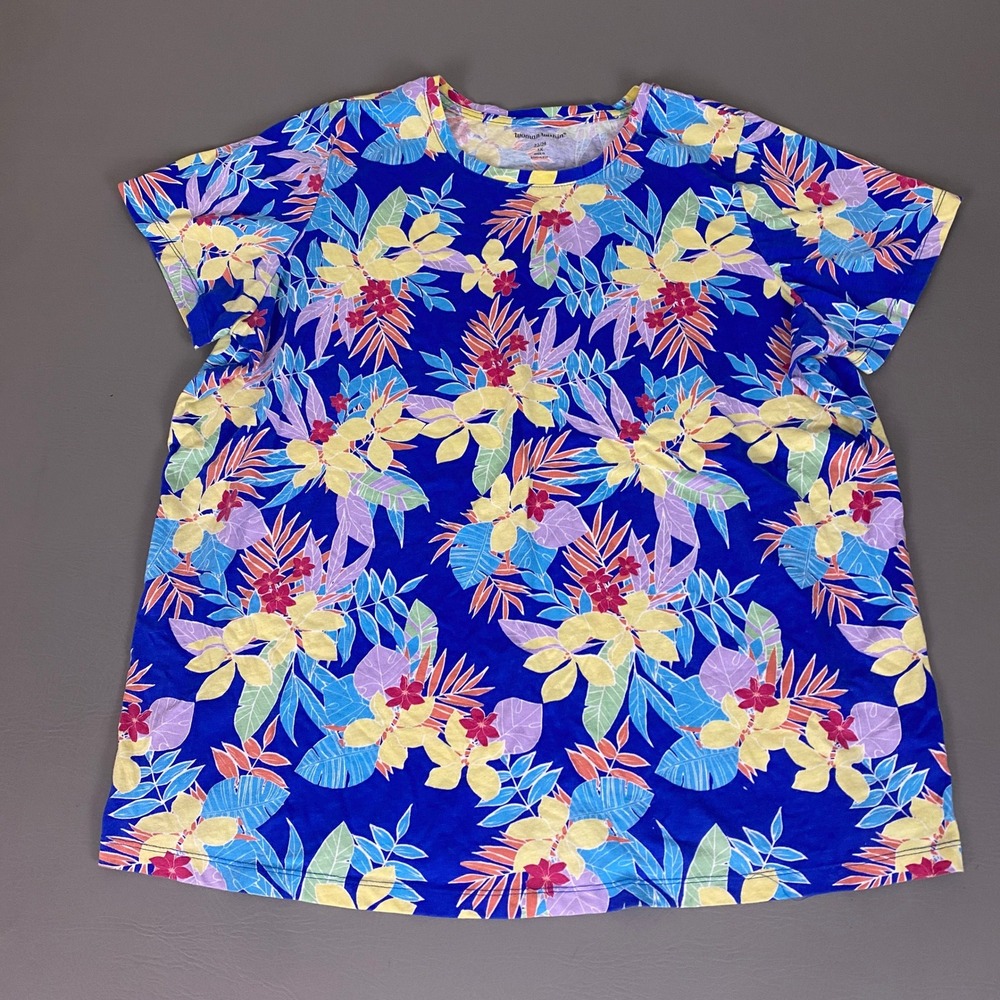 Woman Within T-Shirt Top Women's Plus 1X 22/24 Blue Tropical Floral Short Sleeve